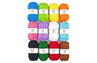 A set of 12 multicolored yarn skeins
