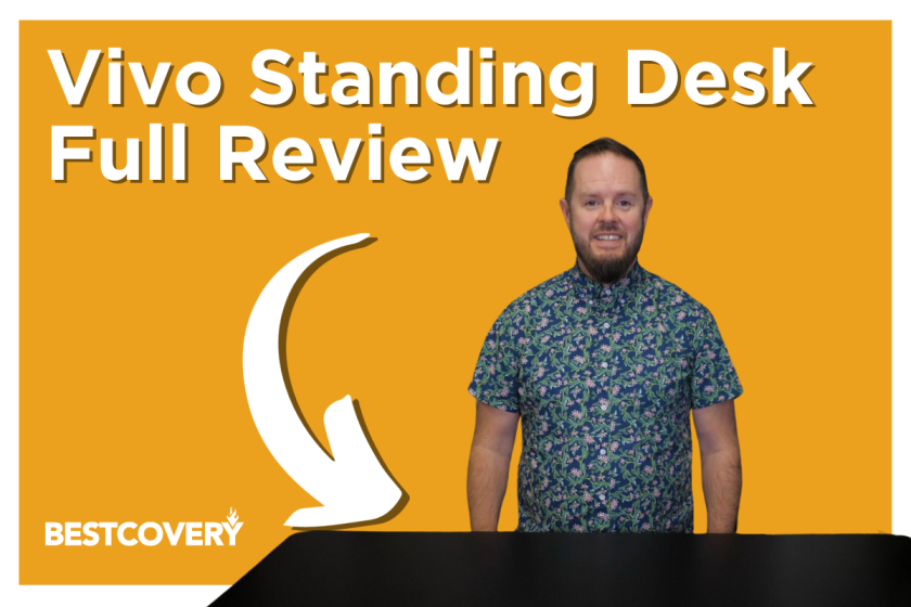 Craig stands behind a desk + title card for blog: Vivo Standing Desk Full Review