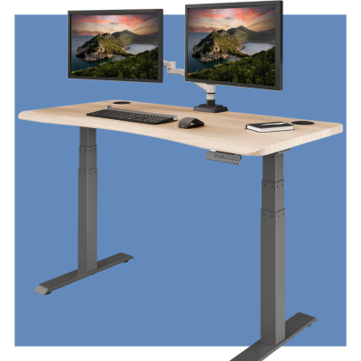 Vari desk at Standing Height on blue background